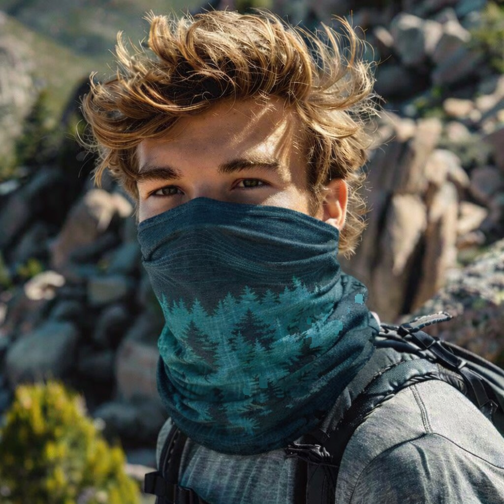Person wearing a teal patterned face covering in a mountainous landscape