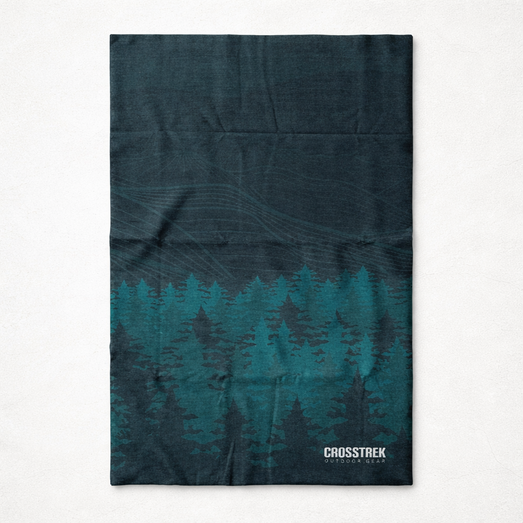 Neck gaiter with forest design and 'CROSSTREK' branding on a white background