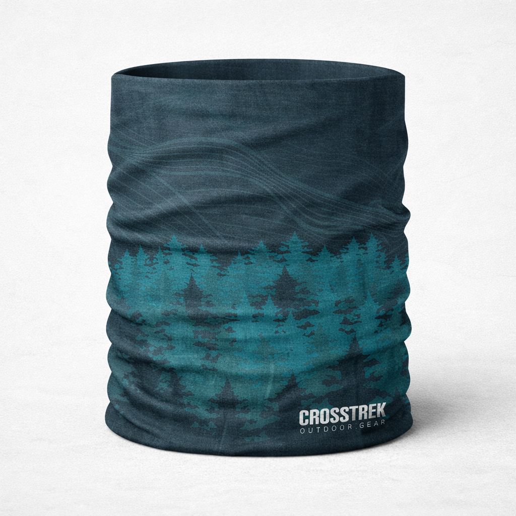 Blue patterned neck gaiter with 'Crosstrek' branding on a white background