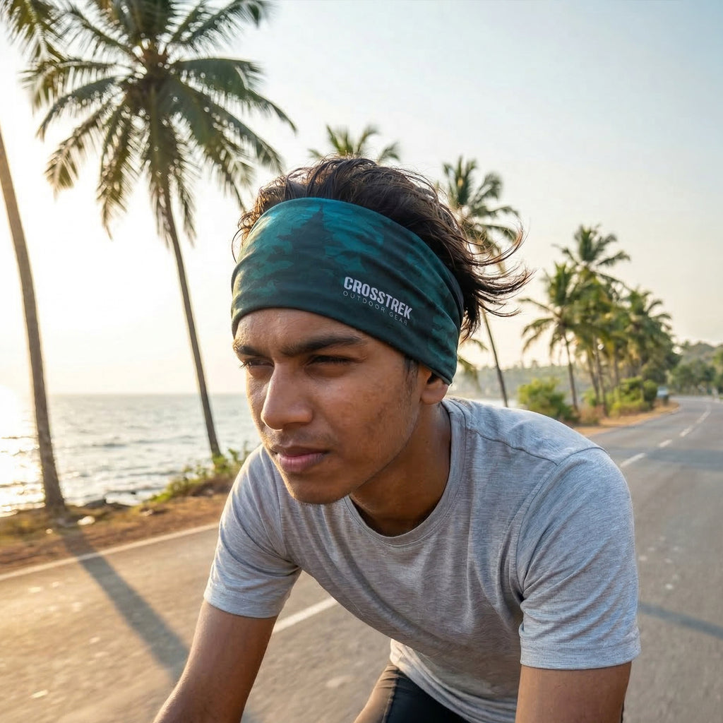 Man wearing a green headband with 'Crosstrack' branding, sitting on a road with palm trees and ocean in the background.