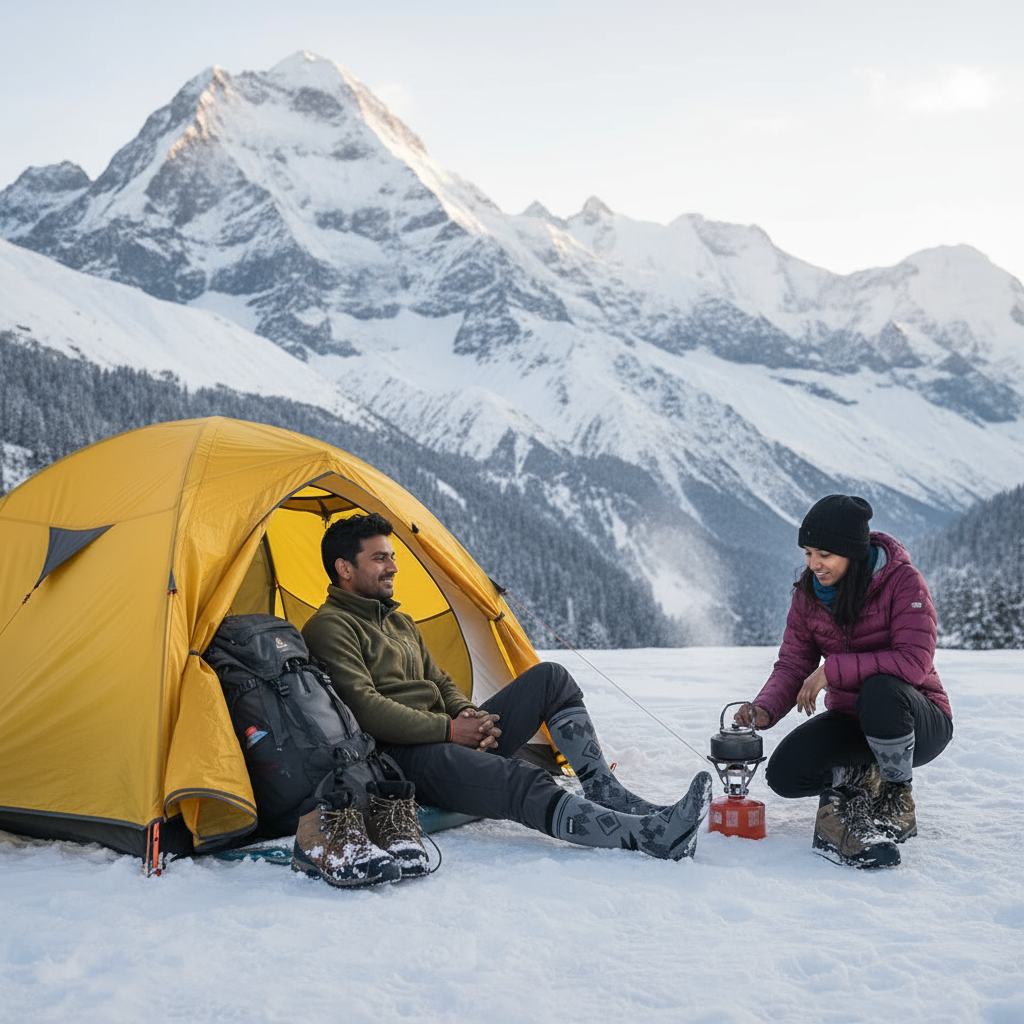 Family Winter Trek with Yellow Tent and Waterproof Socks