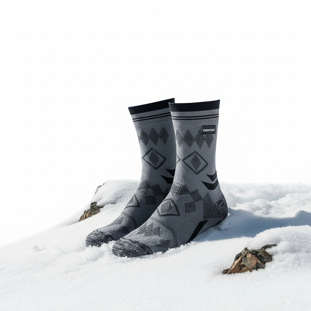 Trekking socks on snow with background removed